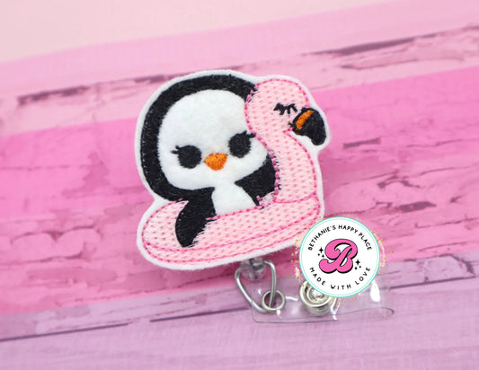 Penguin badge reel - flamingo penguin - flamingo badge reel - cute badge reel - summer badge reel - badge clip - retractable