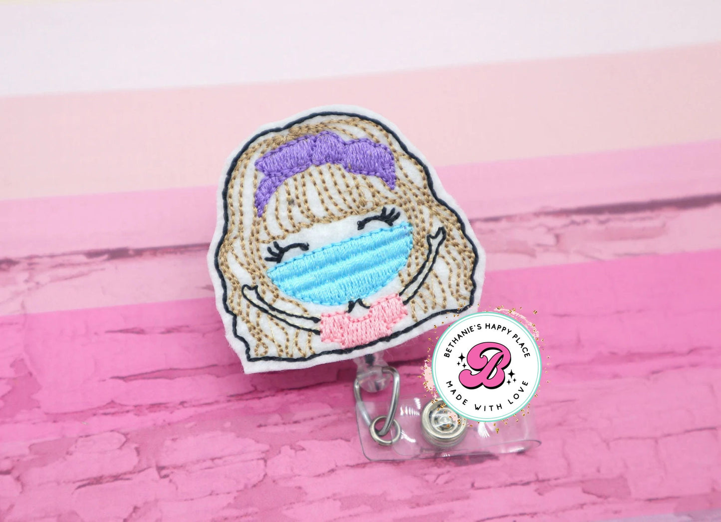 Cute mask girl badge reel - nurse badge reel - girl with mask - nurse badge holder - nurse badge topper - felt badge clip - badge pull