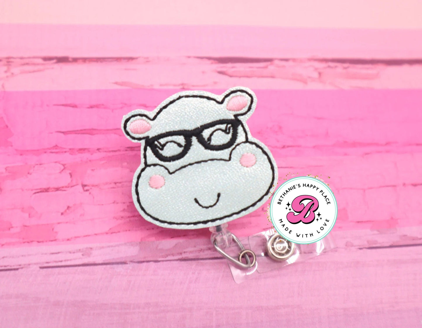 Hippo badge reel - hippopotamus badge reel - hippo with glasses - cute badge reel - felt badge reel - nurse ID badge holder - retractable