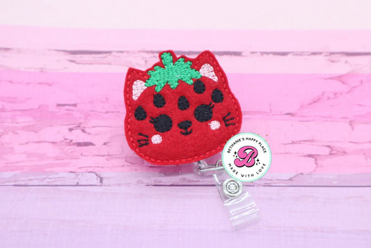 Strawberry cat badge reel - strawberry badge clip - cat badge holder - cute badge reel - strawberry gifts - cat gifts - badge reel nurse