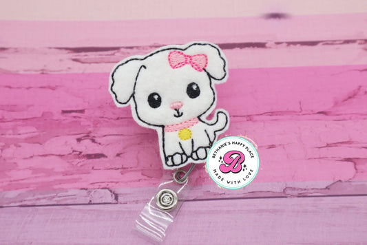 White puppy badge reel - badge clip - dog badge reel - veterinarian - assistant - teacher - nurse - badge holder - cute badge reel