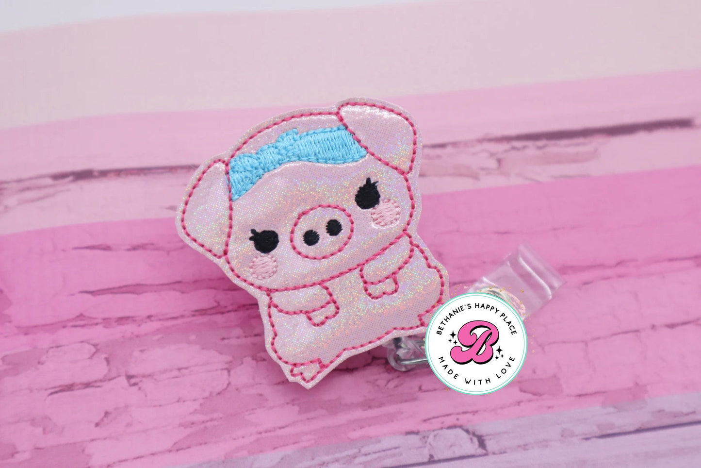 Pig badge clip - pig with headband - pig badge reel - badge holder - cute badge clip - animal badge reel - badge reel nurse - lanyard