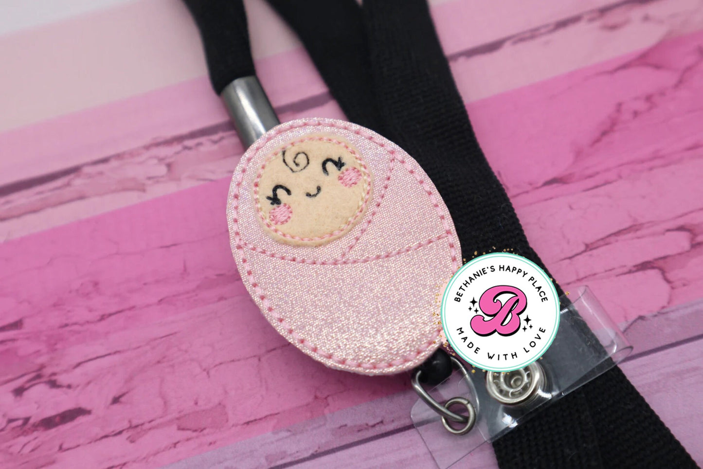 Baby girl badge reel - labor and delivery nurse - bundled baby - baby girl badge holder - baby girl badge clip - retractable ID holder