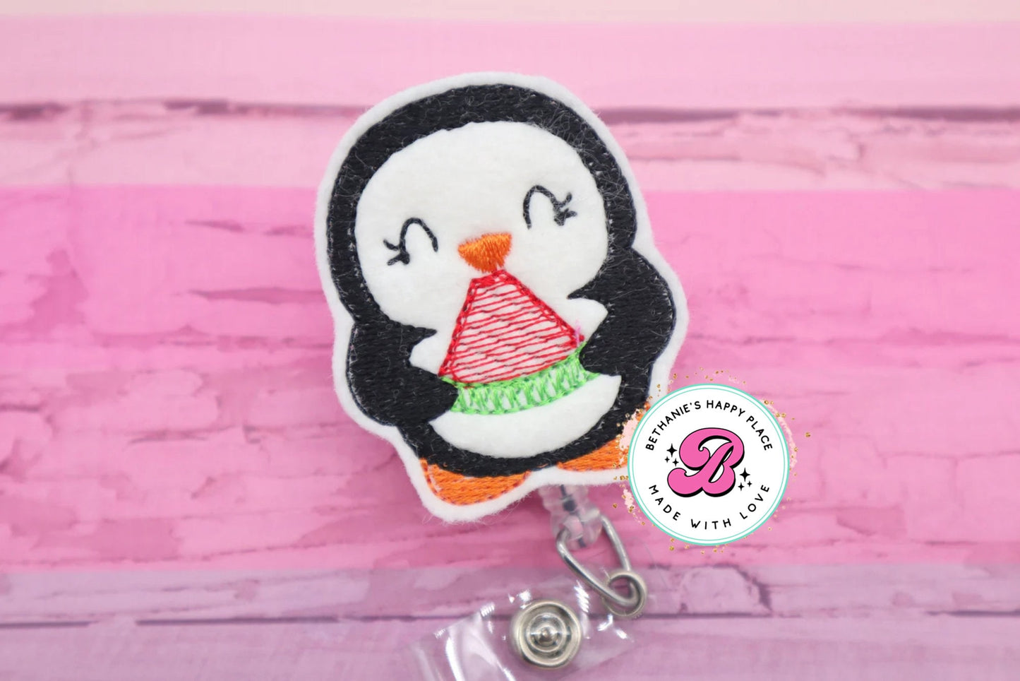 Summer penguin badge reel - summer badge holder - cute penguin with watermelon - penguin badge clip - medical badge reel - penguin gifts