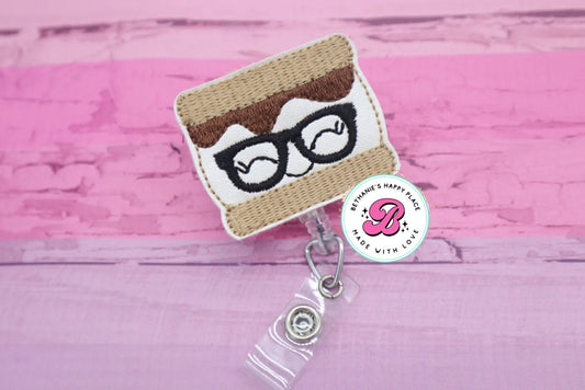 Smores badge reel - s'mores - geeky smore - smore with glasses - s'more badge holder - badge clip - retractable - lanyard - nurse badge reel