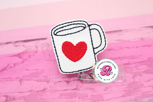 Coffee badge reel - heart mug - love coffee badge reel - cute badge reel - coffee badge clip - coffee cup badge reel - heart coffee