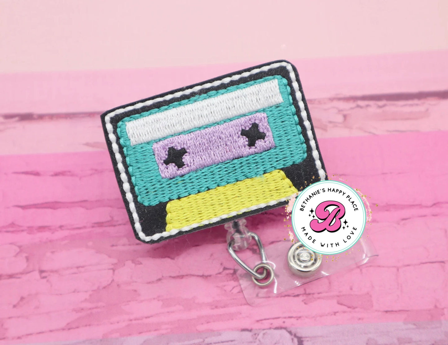 Cassette tape badge reel - 80's 90's badge reel - retro badge reel - cassette badge holder - cassette tape badge clip - nurse - teacher