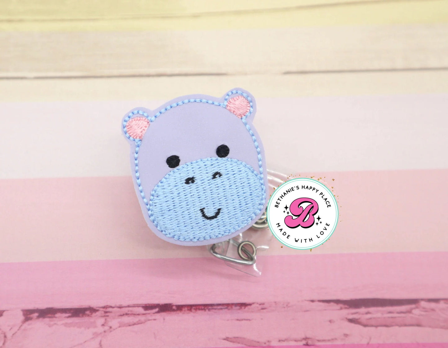 Cute hippo badge reel - hippopotamus badge reel - hippo badge holder - ID badge holder - cute badge reel - felt badge reel - hippo gifts