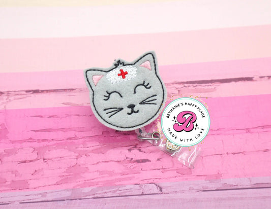 Nurse cat badge reel, cat badge reel, cat badge holder, nurse gifts, cute cat badge reel, kitty nurse, cat nurse badge reel, felt badge reel