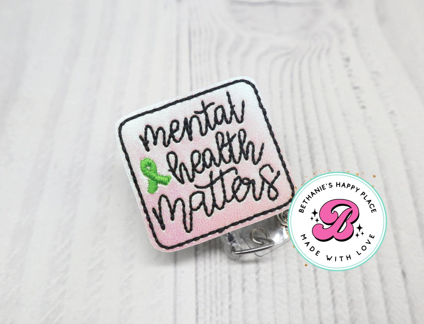 Mental health badge reel, mental health awareness, green ribbon, mental health matters badge holder, retractable ID badge holder, nurse gift