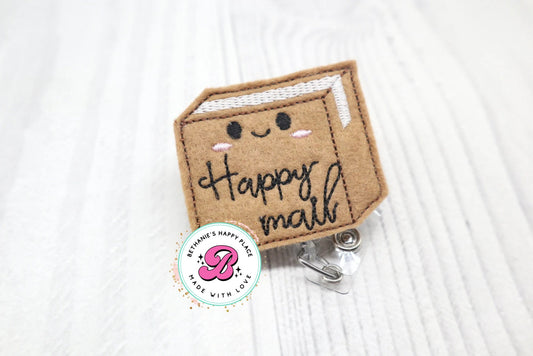 Happy mail badge reel, shipping box badge reel, cardboard box badge reel, gift for mail carrier, carrier badge reel, truck driver, ID badge