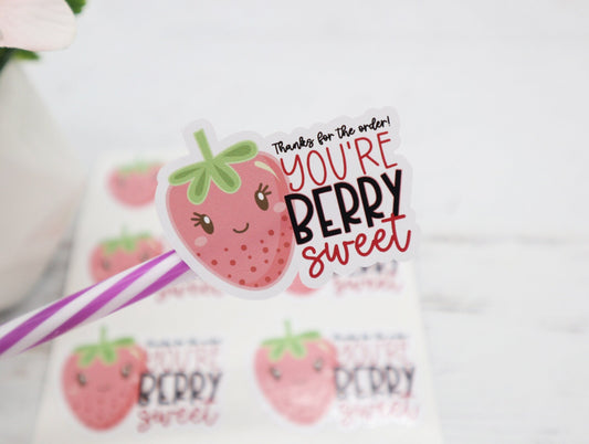 Strawberry thank you sticker - you're berry sweet stickers - small business packaging stickers - cute packaging stickers