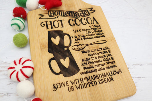 Hot cocoa cutting board, Christmas cutting board, engraved cutting board, Christmas gifts, Christmas kitchen decor, bottle shaped board