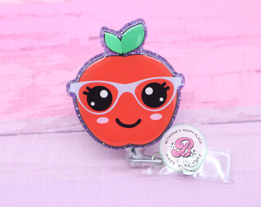 Apple badge reel, apple badge holder, apple with glasses, glitter apple badge reel, acrylic, teacher badge reel, teacher appreciation gift