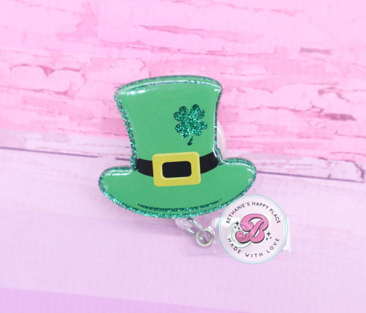 St. Patrick's Day hat badge reel, shamrock badge reel, shamrock hat, holiday badge reels, badge holder nurse, shamrock badge clip