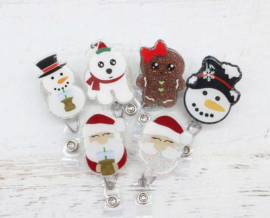 Christmas badge reel, Christmas badge holder, holiday badge reel, Santa badge reel, snowman, gingerbread badge clip, polar bear badge reel