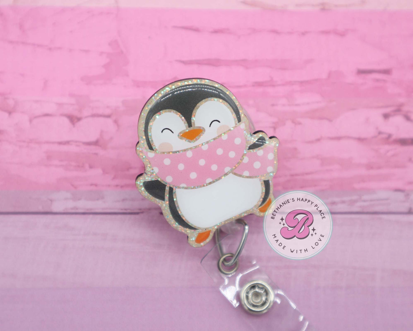 Penguin badge reel, penguin badge holder, penguin lanyard, cute badge reel, glitter badge reel, Christmas winter badge reel, penguin gifts