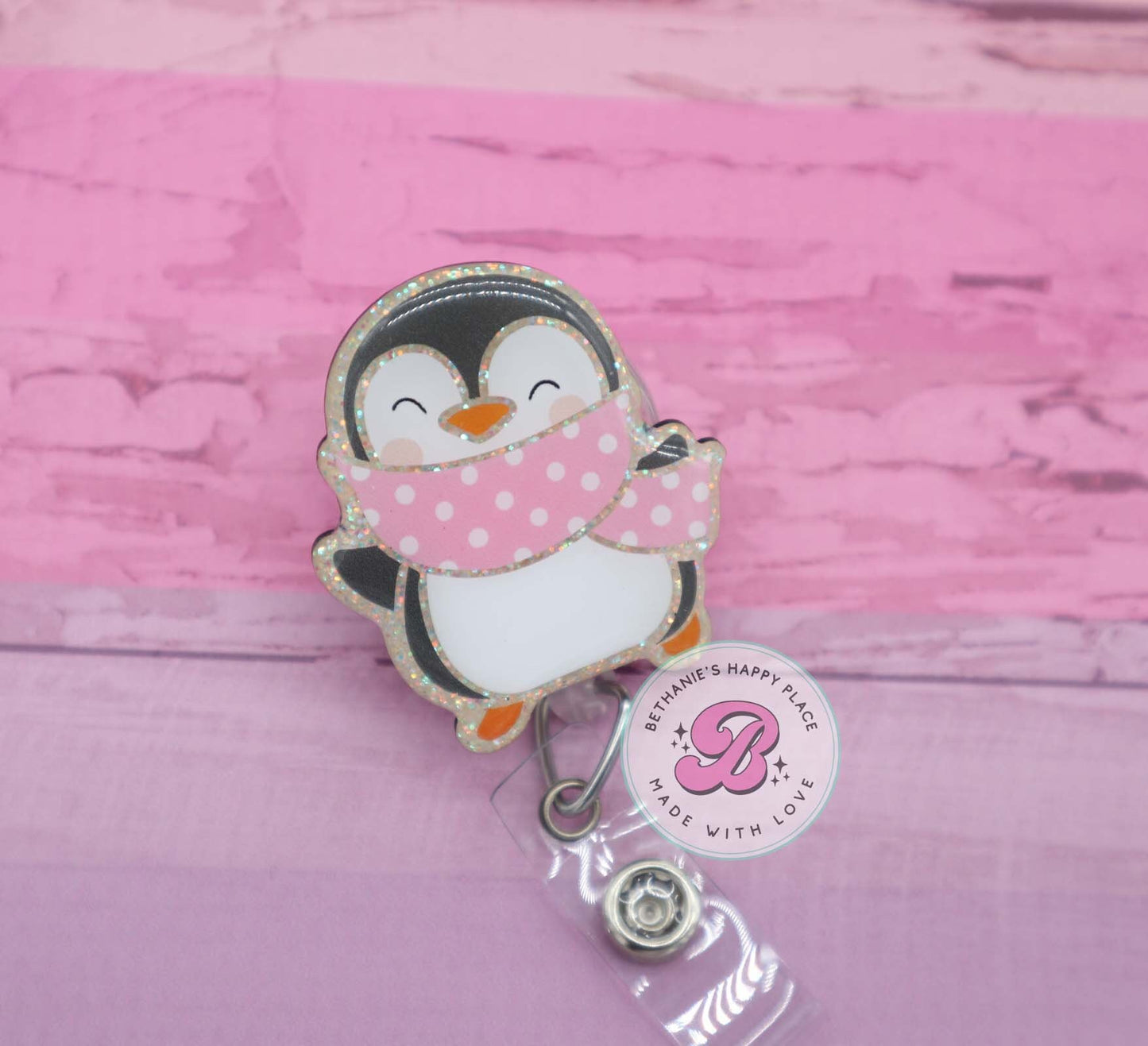 Penguin badge reel, penguin badge holder, penguin lanyard, cute badge reel, glitter badge reel, Christmas winter badge reel, penguin gifts