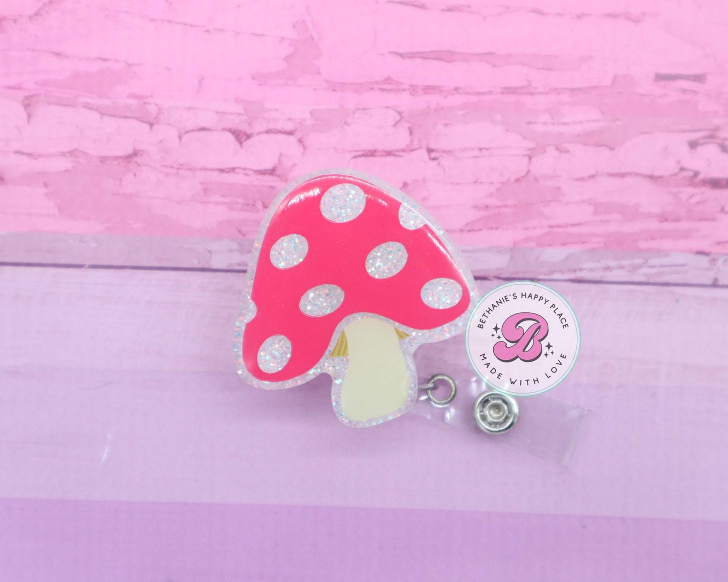 Mushroom badge reel, mushroom badge holder, cute badge reel, acrylic, glitter mushroom badge holder, nurse ID holder, nurse gifts, teacher