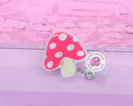 Mushroom badge reel, mushroom badge holder, cute badge reel, acrylic, glitter mushroom badge holder, nurse ID holder, nurse gifts, teacher