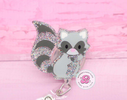 Racoon badge reel, racoon badge holder, racoon gifts, glitter acrylic badge reel, badge reel nurse, racoon badge clip, teacher badge reel