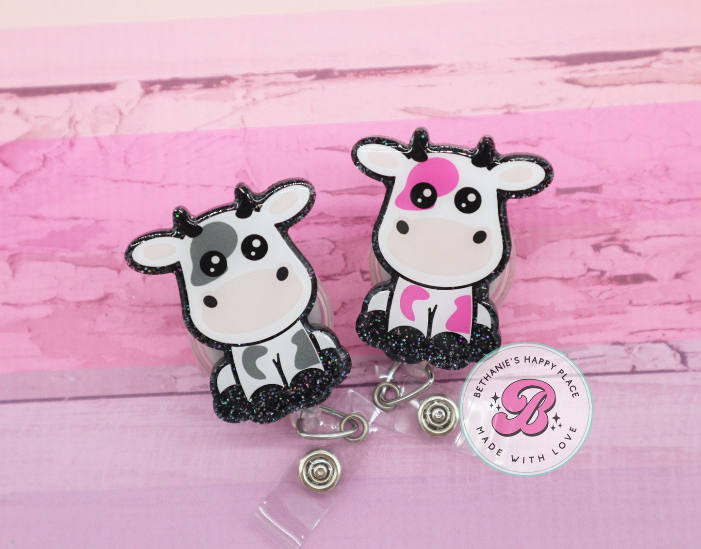 Cow badge reel, cute cow badge holder, farm animal, pink cow badge reel, cow badge clip, acrylic badge holder, medical ID badge holder