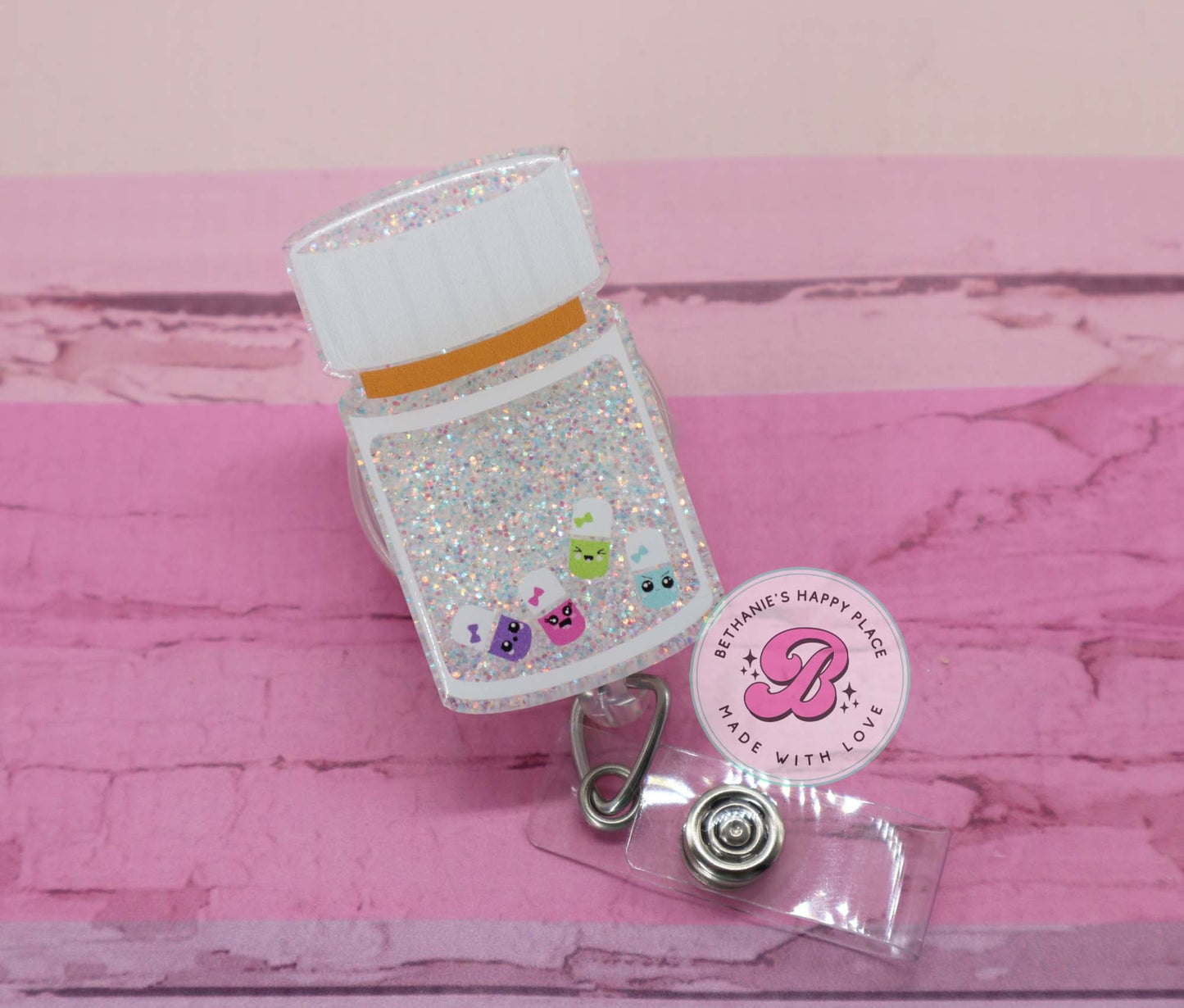 Medicine badge reel, pill bottle badge reel, pharmacist badge reel, badge reel for nurse, pill badge clip, glitter acrylic reel