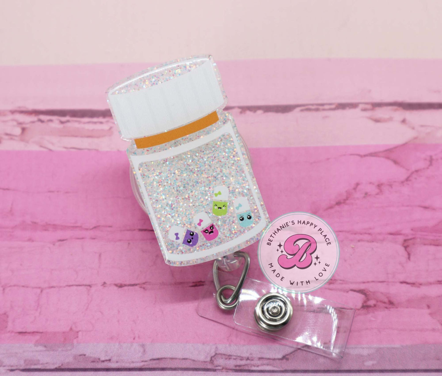 Medicine badge reel, pill bottle badge reel, pharmacist badge reel, badge reel for nurse, pill badge clip, glitter acrylic reel