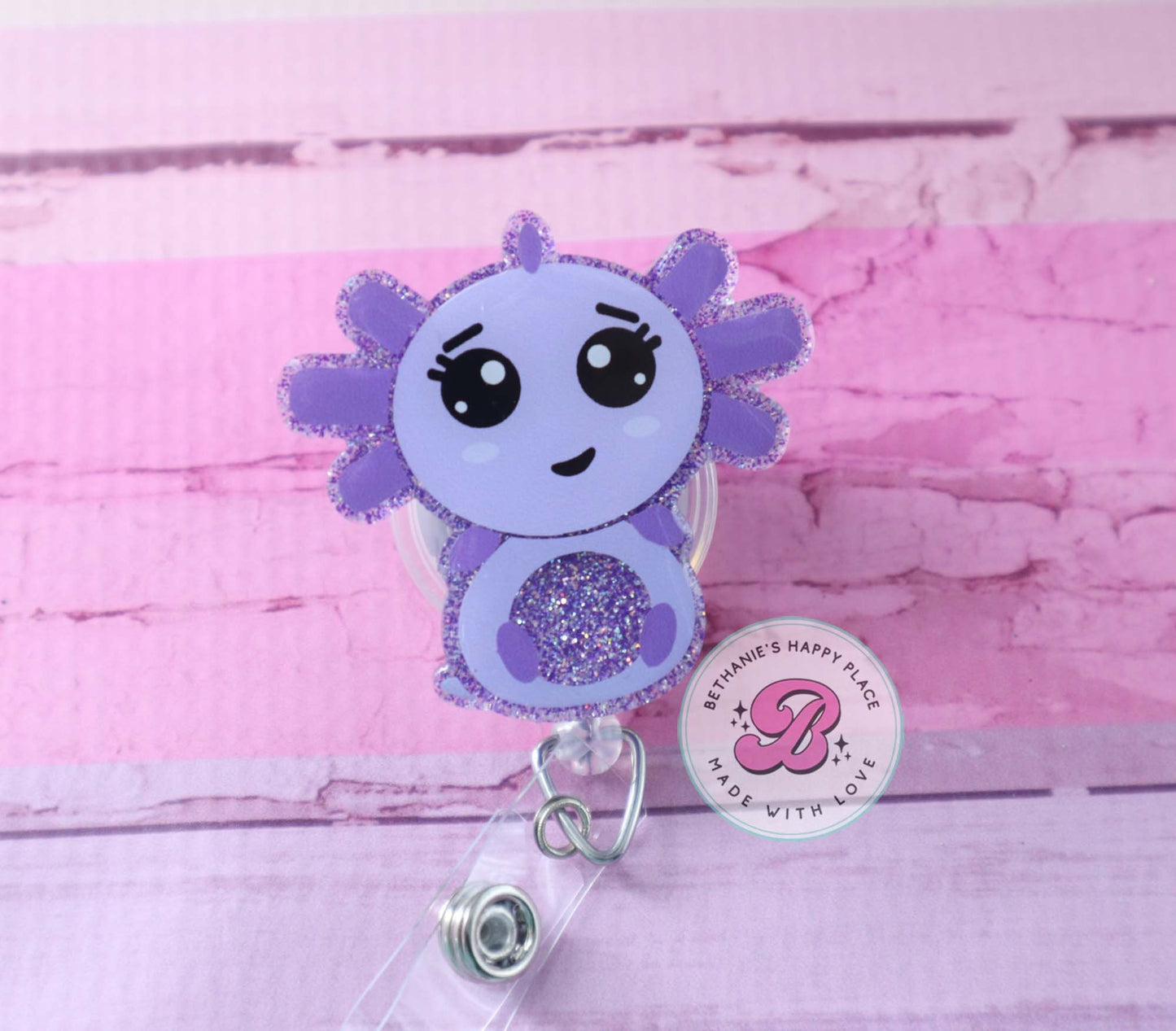 Purple axolotl badge reel, axolotl badge holder, axolotl gifts, acrylic badge reel, retractable, ID badge clip, badge reel nurse