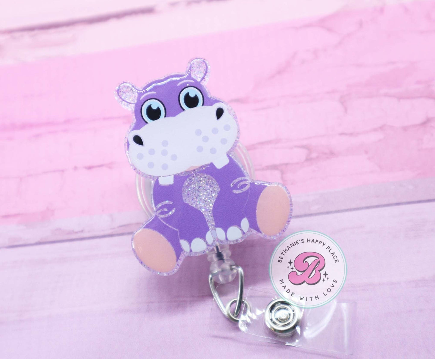 Hippo badge reel, purple hippo badge holder, hippopotamus badge reel, cute hippo retractable badge reel, badge reel nurse, teacher badge