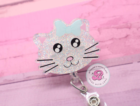 White cat badge reel, cat badge holder, retractable badge reel, cat gifts, gift for cat lover, badge reel nurse, veterinarian badge clip