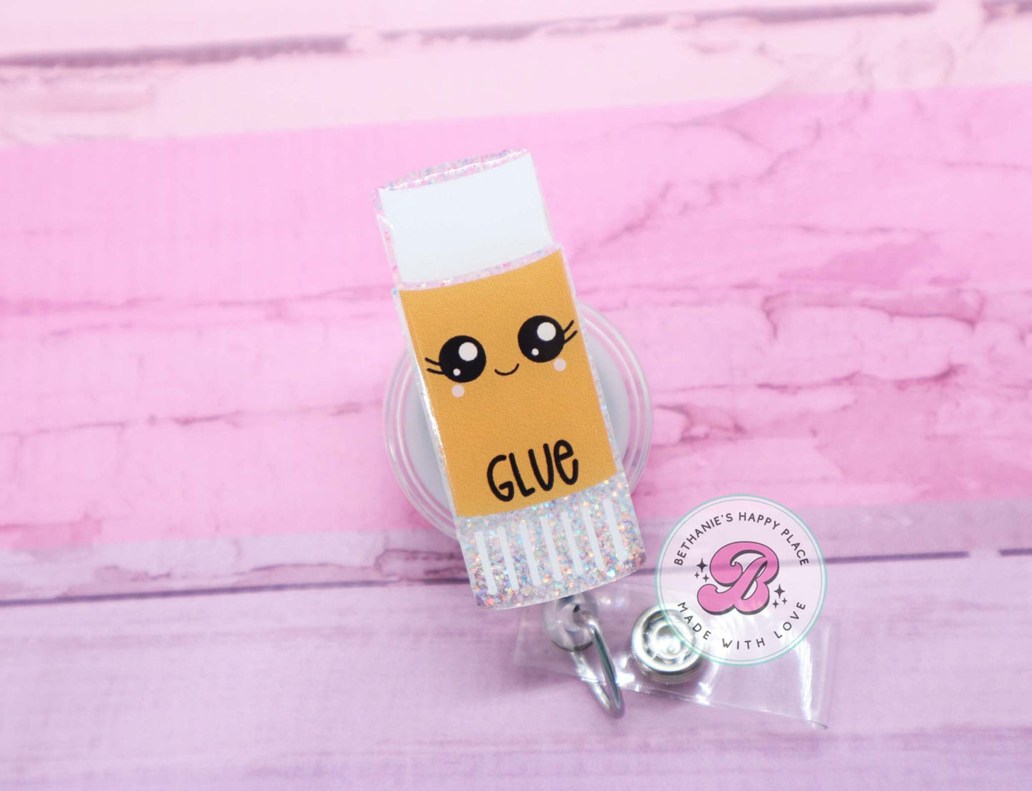 Glue stick badge reel, badge reel for teacher, cute badge reel, teacher gifts, retractable ID badge holder, glue stick badge clip