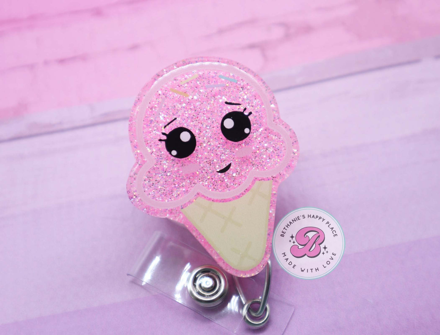 Pink ice cream cone badge reel, ice cream badge clip, ice cream badge holder, nurse badge reel, teacher badge reel, acrylic badge reel