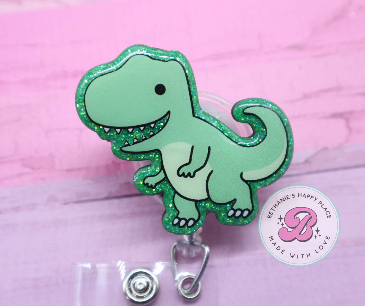 Dinosaur badge reel, t-rex badge reel, dino badge holder, happy dinosaur badge reel, dinosaur gifts, nurse badge clip, medical badge reel