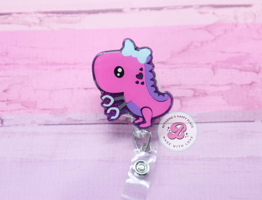 Pink dinosaur badge reel, acrylic dinosaur badge reel, badge reel nurse, ID badge holder, dinosaur with extender arms