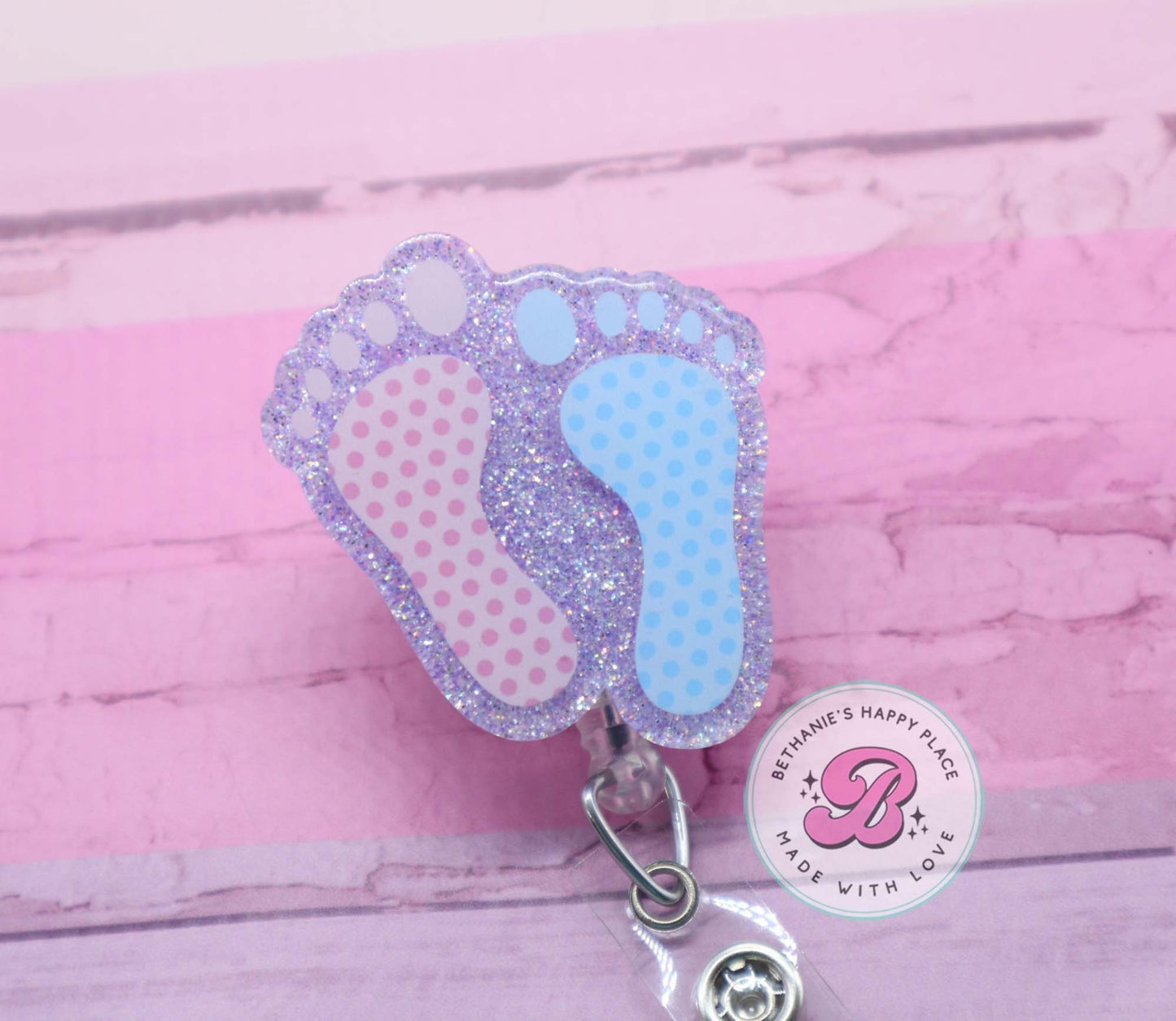 Baby feet badge reel, labor and delivery nurse badge reel, L&D badge reel, acrylic badge reel, retractable delivery nurse badge holder