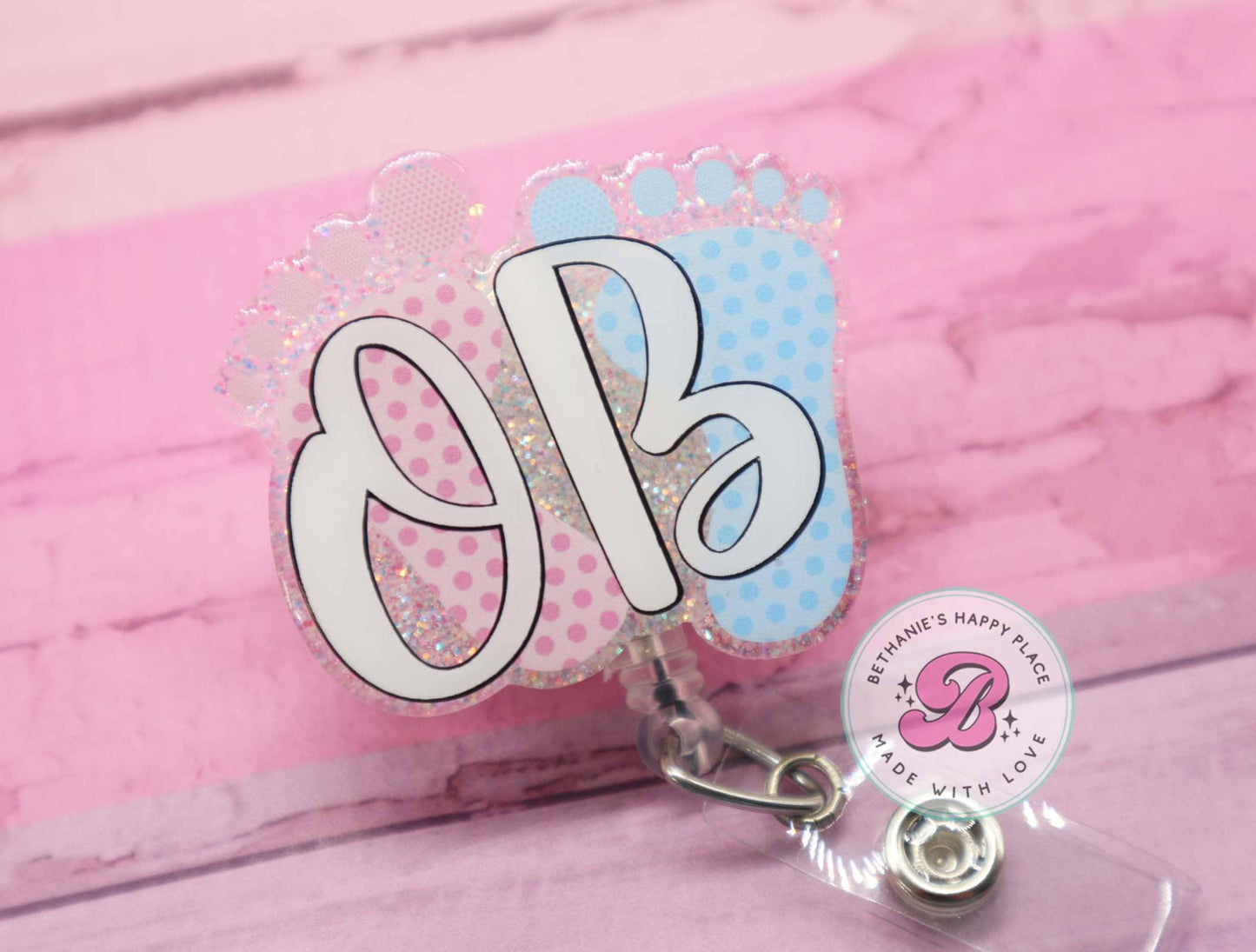 OB baby feet badge reel, labor and delivery nurse badge reel, L&D badge reel, acrylic badge reel, retractable delivery nurse badge holder