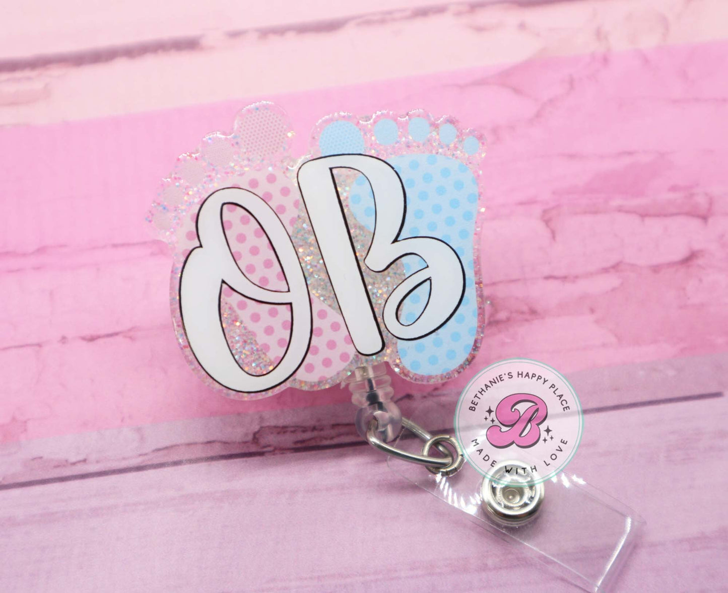 OB baby feet badge reel, labor and delivery nurse badge reel, L&D badge reel, acrylic badge reel, retractable delivery nurse badge holder