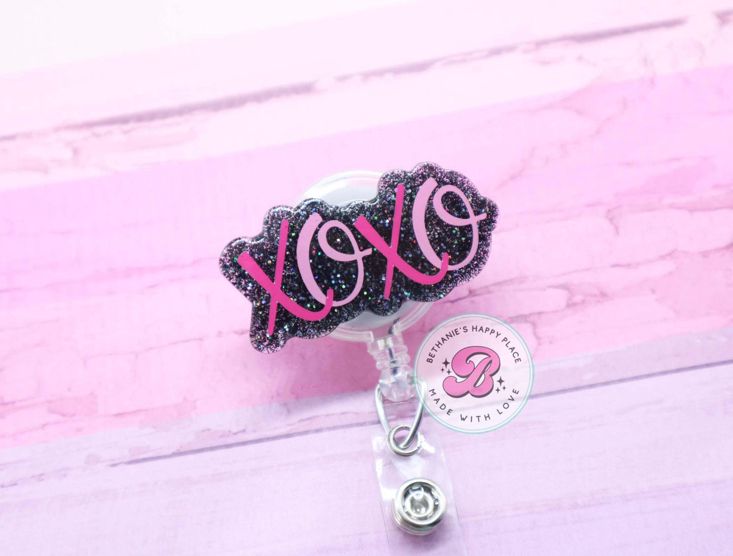 XOXO badge reel, Valentine's Day badge reel, hugs and kisses badge holder, retractable ID badge clip, acrylic badge reel for Valentine's Day