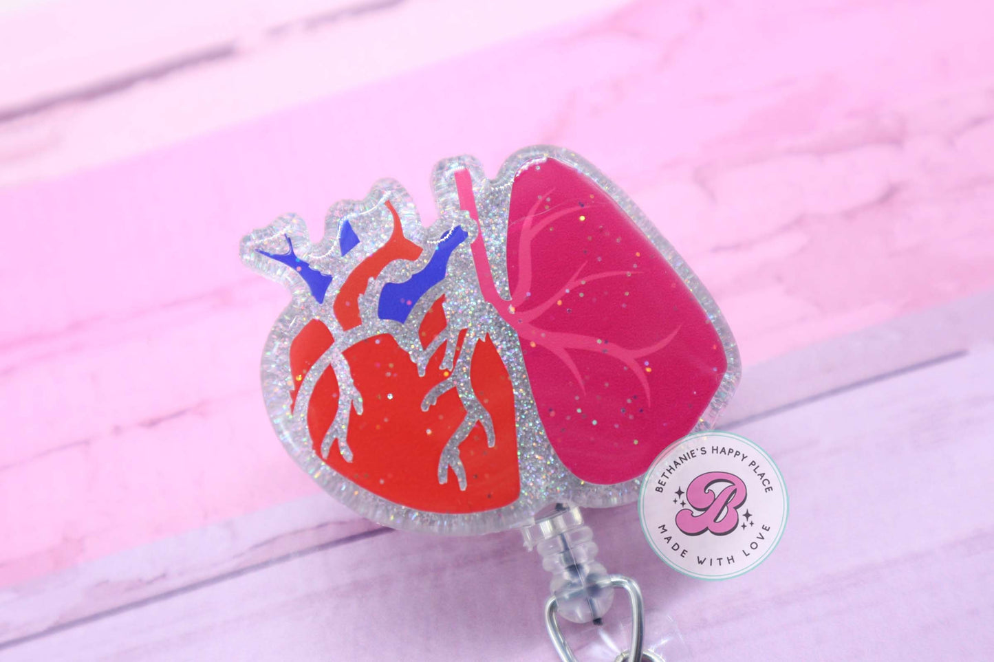 Heart and lungs badge reel, cardiac and pulmonary badge reel, pulmonologist badge reel, cardiology badge reel, medical ID badge holder