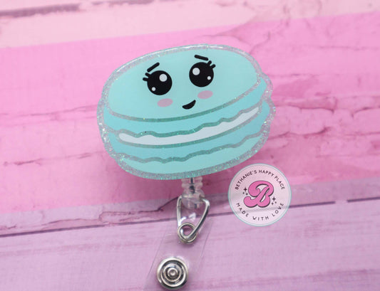 Blue macaron badge reel, macaron badge holder, macaroon, cookie badge reel, retractable ID badge holder, cute badge clip