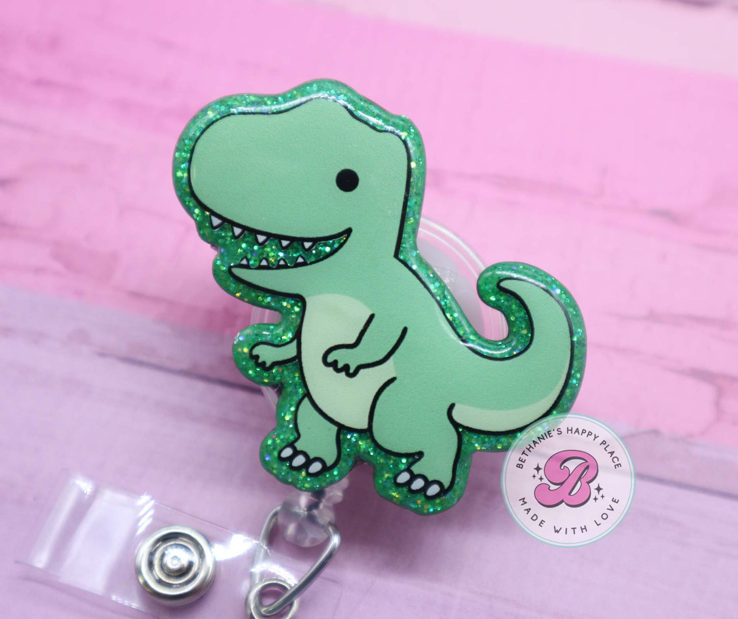 Dinosaur badge reel, t-rex badge reel, dino badge holder, happy dinosaur badge reel, dinosaur gifts, nurse badge clip, medical badge reel