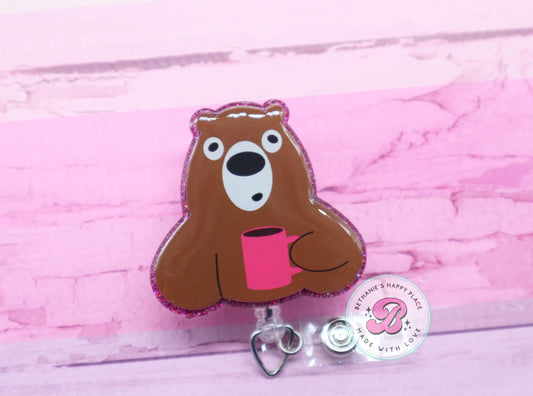 Bear badge reel, coffee bear badge reel, bear with coffee, sleepy bear badge reel, bear badge holder, cute badge clip, retractable