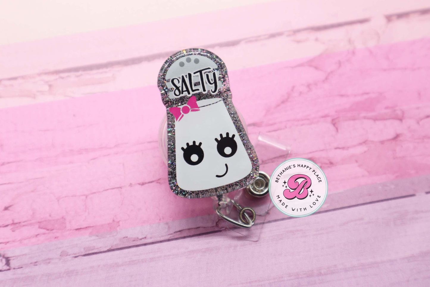 Salty badge reel, salt shaker badge holder, cute badge reel, medical ID holder, funny badge clip, gifts for her, nurse badge reel