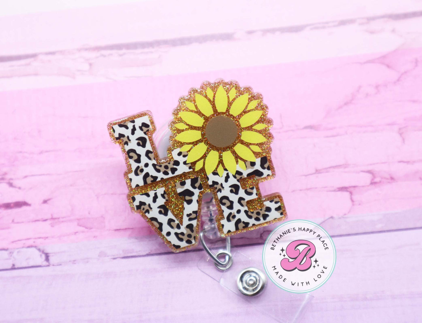 Sunflower badge reel, sunflower love badge holder, leopard sunflower badge reel, sunflower gifts, badge reel nurse, sunflower badge clip