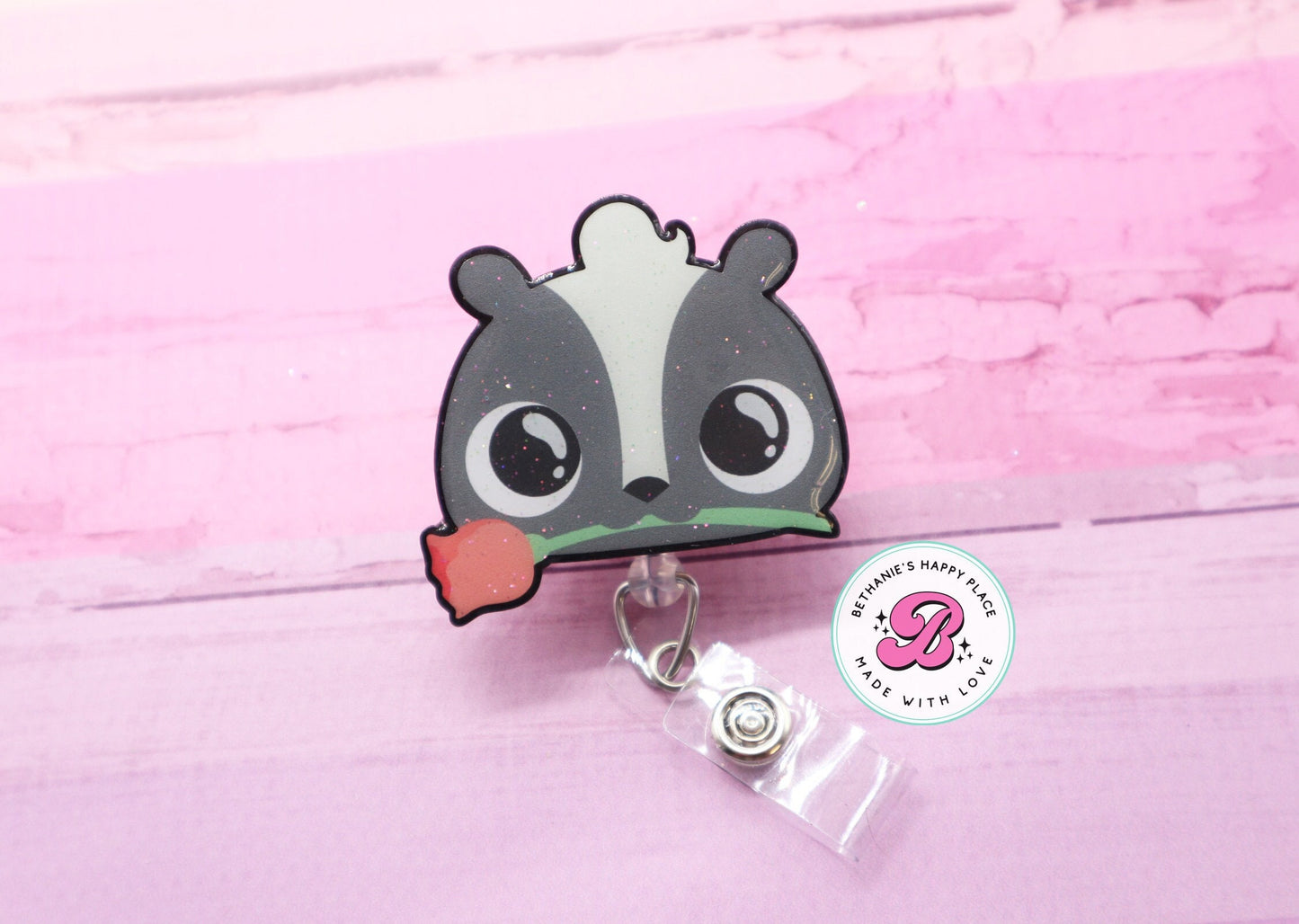 Skunk badge reel, cute skunk badge holder, skunk holding rose, nurse badge reel, ID badge holder, lanyard, retractable badge clip