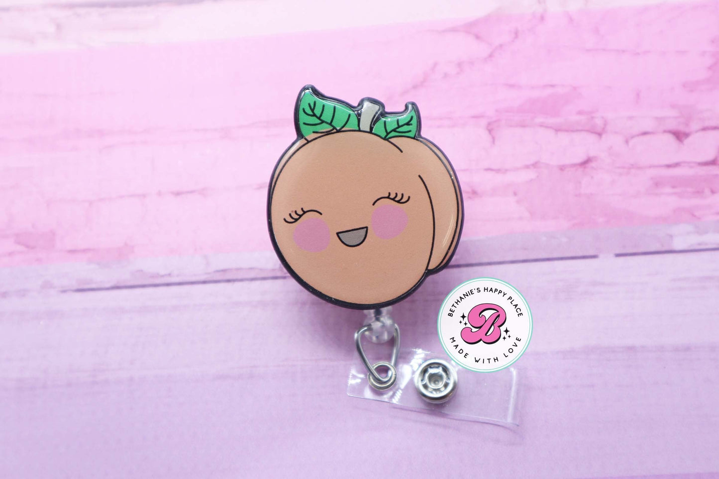 Peach badge reel, peach badge holder, fruit badge reel, nutritionist, medical ID holder, fruit gifts, retractable lanyard, pediatric badge