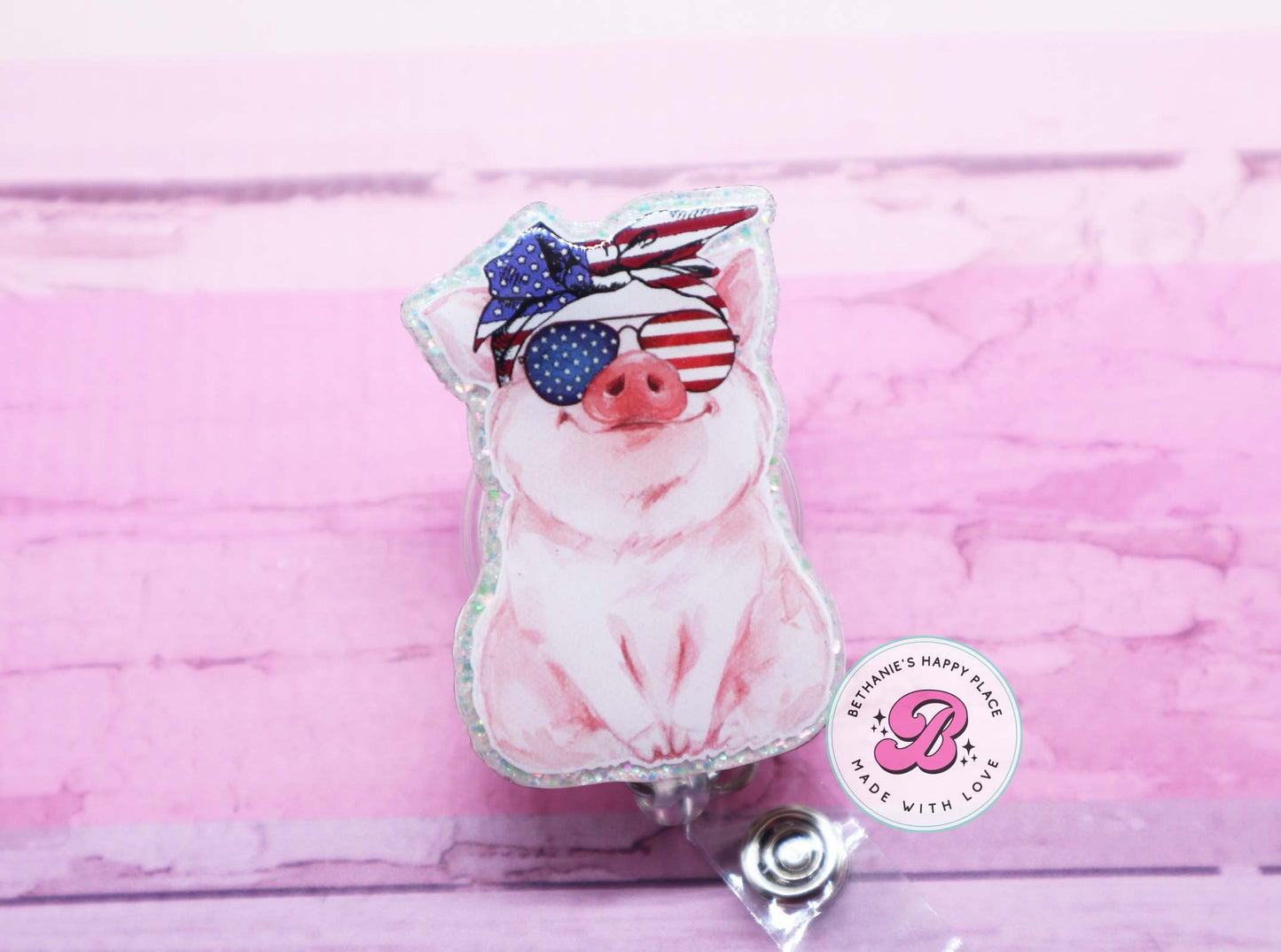 Patriotic pig badge reel, pig badge reel, 4th of July badge reel, 4th of July pig, pig badge holder, pig lanyard, badge reel nurse