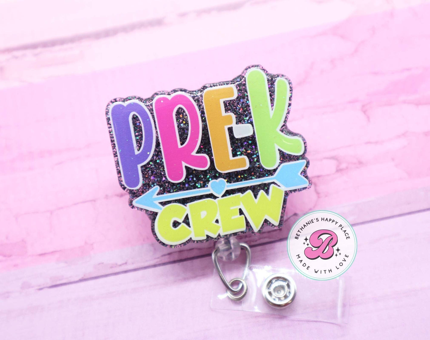 Pre-K crew badge reel, preschool badge reel, pre-k teacher badge holder, preschool teacher gifts, retractable ID holder, lanyard