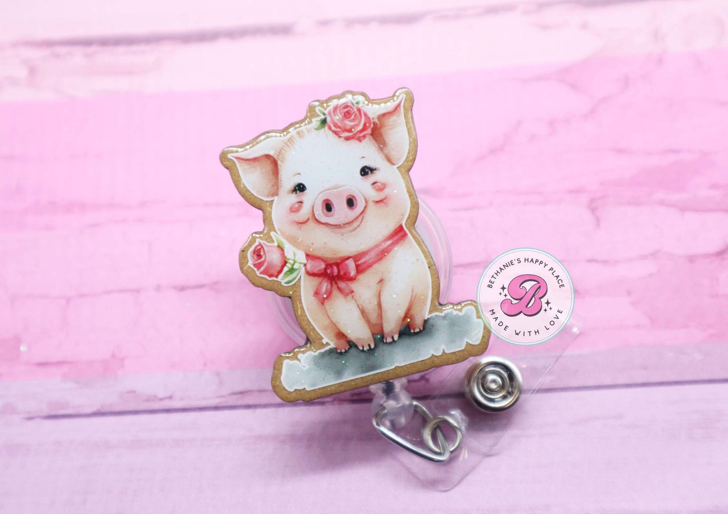 Sweet pig badge reel, pig with rose, floral pig badge holder, badge reel nurse, pig gifts, medical ID badge holder, retractable lanyard